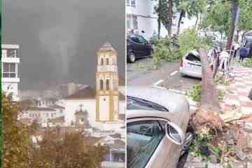 In diesem Moment fegt ein riesiger Tornado durch den britischen Touristen-Hotspot und reißt Bäume um