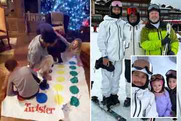Hamilton gewinnt Twister-Spiel mit seiner Nichte und seinem Neffen während eines Skiausflugs