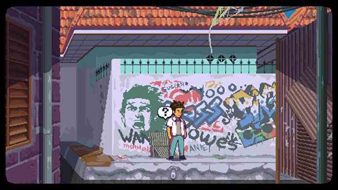 A Space for the Unbound Review - Atma steht vor einer mit indonesischen Graffiti bedeckten Wand