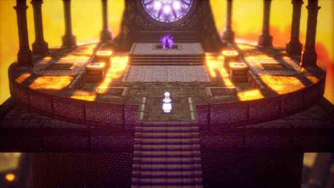 Octopath Traveler 2 – Eine Person mit weißen Haaren nähert sich einer Art leuchtendem lila Kristall auf einer langen Treppe, mit einem leuchtend goldgelben Himmel im Hintergrund