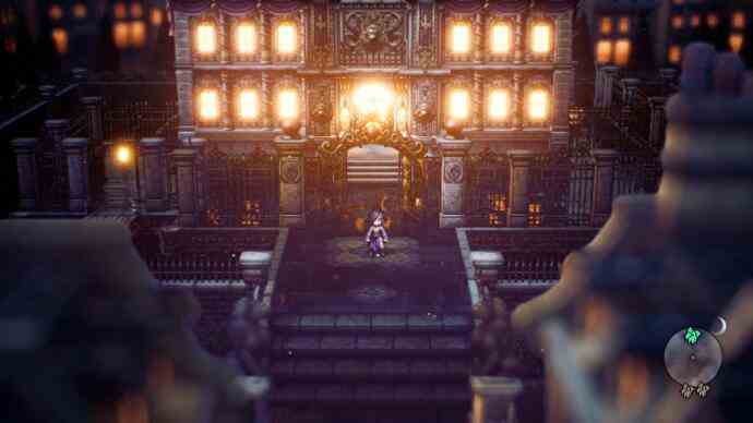 Octopath Traveler 2 – Eine Figur stand nachts vor einem reich verzierten und wunderschön beleuchteten Gebäude