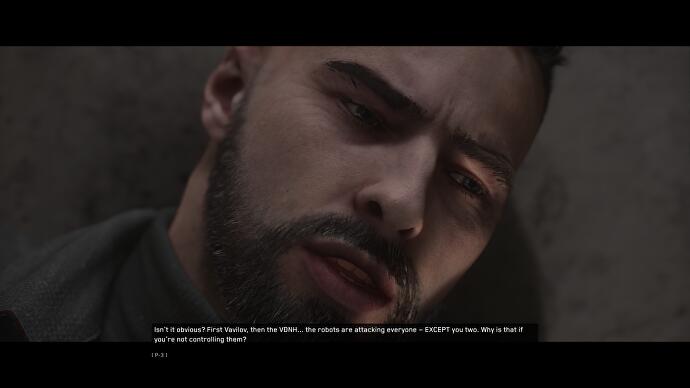 Atomic Heart review - P-3's face looking confused as his glove, Charles, explains things to him