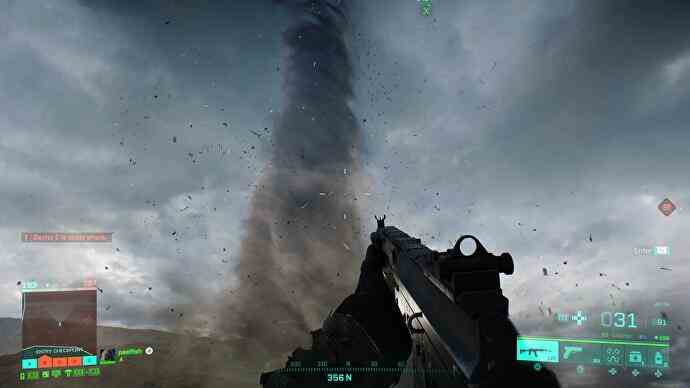 State of the Game Battlefield 2042 – mit Blick auf einen nahe gelegenen Twister in einem dunkelblauen Himmel