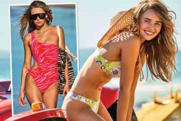 Model Gabriella Brooks begeistert in einem geblümten gelben Bikini und einem Strohhut