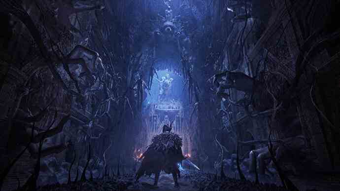 Vorschau auf Lords of the Fallen – offizielles Artwork des Spielercharakters, der auf einen leuchtend blauen Teil der Welt blickt