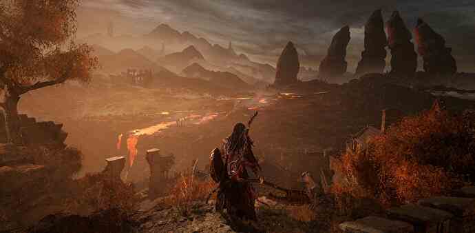 Vorschau auf Lords of the Fallen – Der Spieler blickt auf eine riesige Welt aus geschmolzener Lava und rotbraunen Felsen