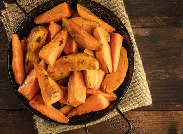 roasted sweet potatoes on plate, healthy carbs for weight loss