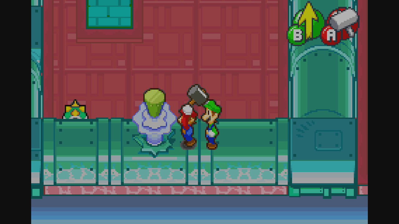 Beste Mario-Spiele - Mario und Luigi Screenshot von Superstar Saga, der Mario zeigt, wie er neben Luigi mit einem Hammer auf ein Objekt schlägt.