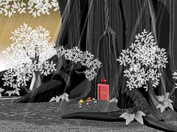 Beste Mario-Spiele - Screenshot von Paper Mario the Thousand Year Door, der Mario und seine Freunde vor einer kleinen roten Tür in einem riesigen grauen Baum mit weißen Blumen im malerischen Kunststil zeigt.