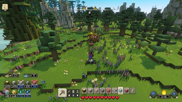 Minecraft Legends Review – Screenshot von Minecraft Legends, einer grünen Landschaft voller Bäume