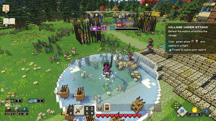 Minecraft Legends Review – Screenshot von Minecraft Legends, der Spieler ist von einem hellblauen Kreis umgeben