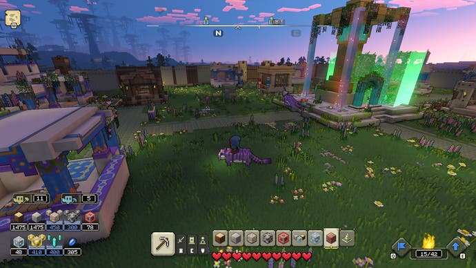 Minecraft Legends Review – Screenshot von Minecraft Legends, von einem Portal in der Abenddämmerung