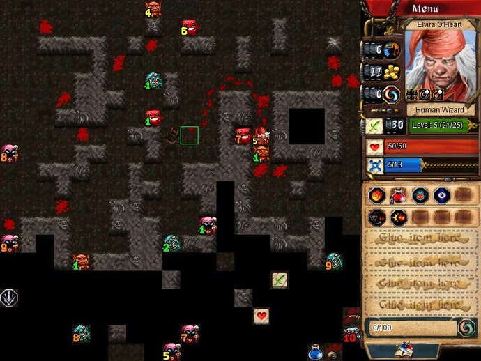 Ein Minesweeper-ähnliches Spiel mit kleinen Fantasy-Feinden, auf denen Zahlen stehen.  Der größte Teil des Bereichs um sie herum ist dunkel.