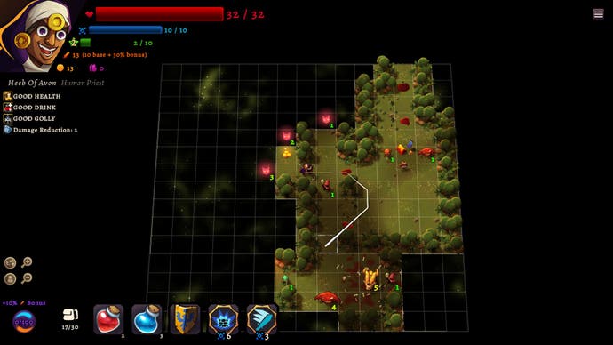 Ein gekachelter, bewaldeter Spielbereich mit einem Heldenporträt oben links auf dem Bildschirm und einigen Symbolen – Fähigkeiten – auf einer Hotbar darunter.