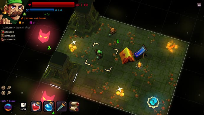 Ein gekachelter, bewaldeter Spielbereich mit einem Heldenporträt oben links auf dem Bildschirm und einigen Symbolen – Fähigkeiten – auf einer Hotbar darunter.
