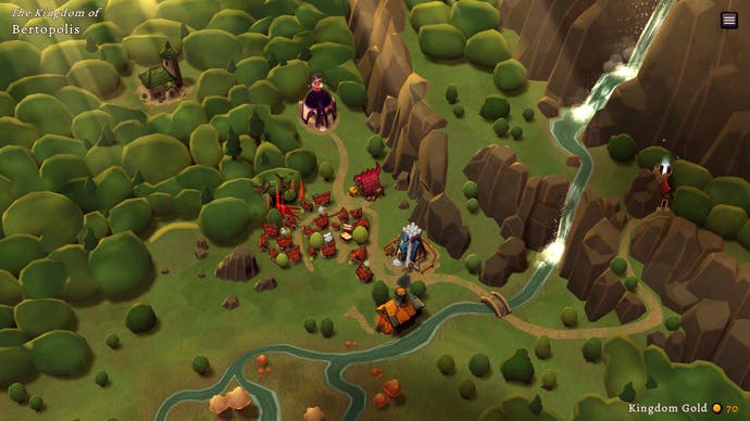 Eine bewaldete Szenerie mit einer kleinen Stadt mittendrin.  Dies ist die Karte eines Fantasy-inspirierten Spiels.