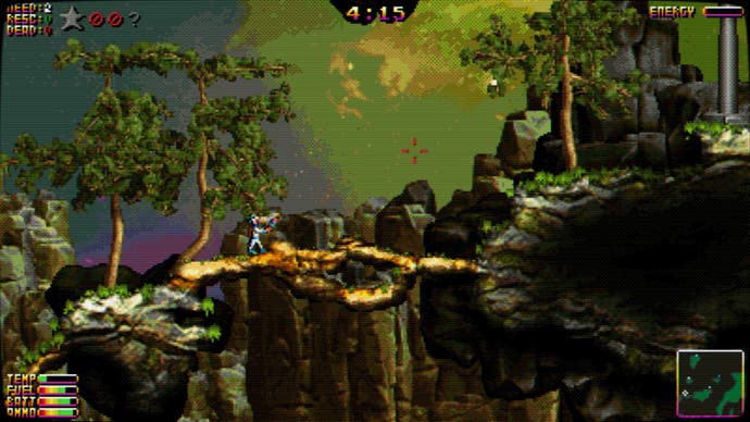 Ein Screenshot von Moons of Darsalon, einem 2D-Plattformspiel über die Rettung verlorener Astronauten, der zeigt, wie der Spieler mit einer Erdschichtkanone eine rudimentäre Brücke baut