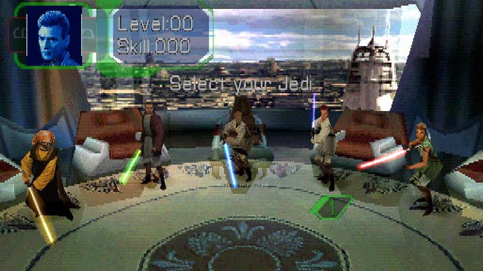 Der Bildschirm zur Charakterauswahl aus dem Videospiel Jedi Power Battles