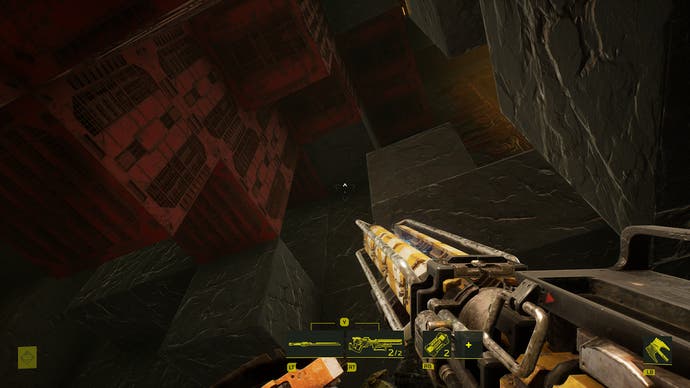 Ein Screenshot von Meet Your Maker, einem Shooter mit Basisbauelementen, der den Spieler zeigt, wie er in ein höhlenartiges Inneres blickt.