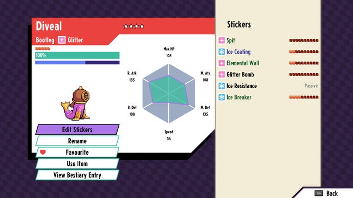 Cassette Beasts Review – Screenshot, der die Statistikseite einer Kreatur mit einer klaren Pokémon-Inspiration zeigt