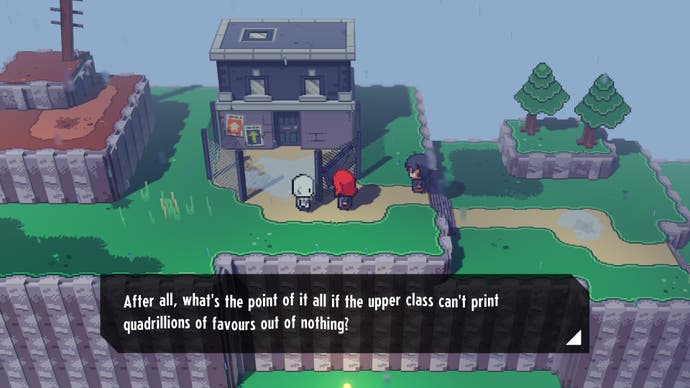 Cassette Beasts Review – Screenshot, der zwei Charaktere im Retro-Pixel-Art-Sprite-Stil zeigt, die sich vor einem Haus unterhalten