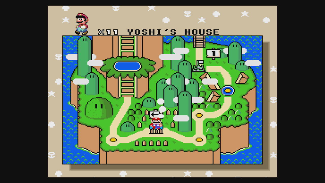 Beste Mario-Spiele - Super Mario World-Screenshot, der den Kartenbildschirm für Yoshis Haus zeigt.