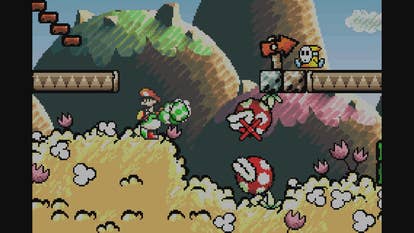 Beste Super Mario-Spiele - Screenshot von Yoshi's Island, der Mario und Yoshi im Kampf gegen Pirhana-Pflanzen zeigt