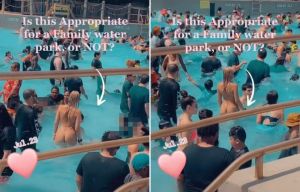 Frau trägt G-String-Badeanzug im Wasserpark und es gibt geteilte Meinungen