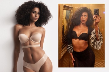 Imaan Hammam ist verblüfft, als sie den neuen trägerlosen BH von Victoria's Secret modelliert