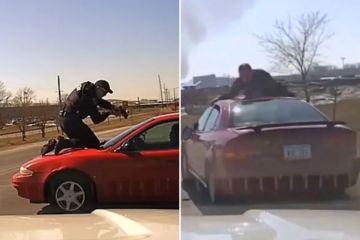Momentan klammert sich ein Polizist an ein schnell fahrendes Auto, bevor er wegfliegt und sich den Rücken bricht