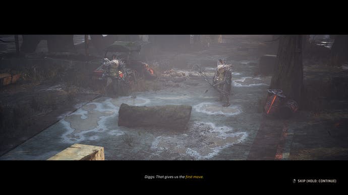 Rezensions-Screenshot von Miasma Chronicles, der eine Zwischensequenz mit Letterbox mit zwei humanoiden mutierten Fröschen zeigt.