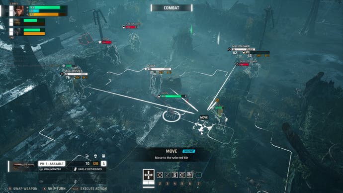 Rezensions-Screenshot von Miasma Chronicles, der einen rundenbasierten Kampf mit vielen Feinden zeigt.