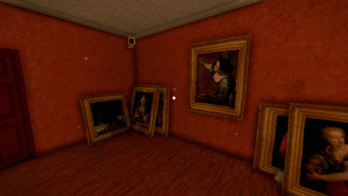 Der Rezensions-Screenshot von Tartarus Key mit mehreren Gemälden im europäischen Stil, die nicht auf dem Boden aufgehängt sind