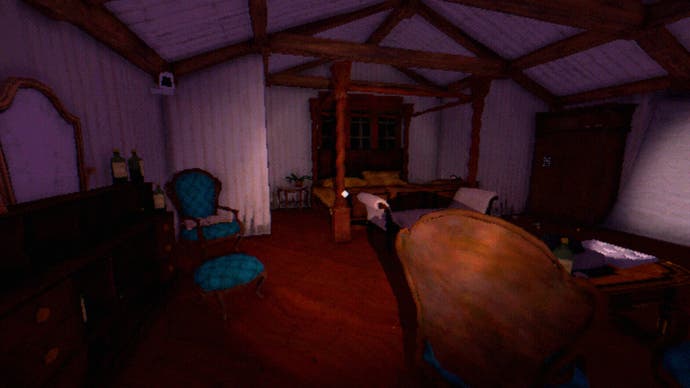 Der Rezensionsscreenshot von Tartarus Key zeigt ein Hauptschlafzimmer, das eines der vielen Rätsel des Spiels enthält