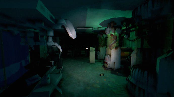 Der Rezensions-Screenshot von Tartarus Key zeigt ein altes, dunkles und verlassenes Labor mit zwei Tanks, in denen sich eine menschliche Figur befindet