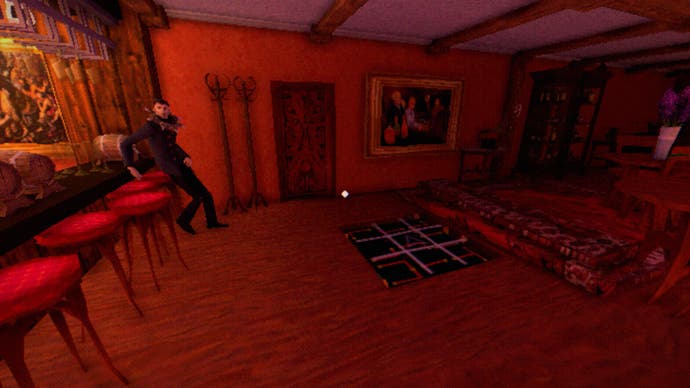 Der Screenshot der Tartarus Key-Rezension zeigt einen Mann in Schwarz mit Stachelkragen, der den Spieler anstarrt, während er lässig in einer großzügigen Bar faulenzt