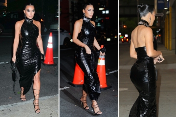 Kim stellt pralle Schultermuskeln in einem 4,3.000 US-Dollar teuren Lederkleid für einen sexy neuen Look zur Schau