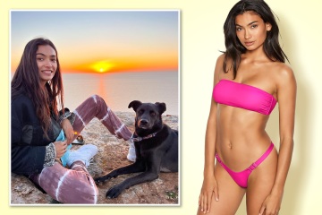 Kelly Gale begeistert im sexy Bikini, bevor sie mit ihrem Rettungshund am Strand posiert