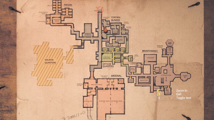 Amnesia: The Bunker Rezensions-Screenshot mit der Karte des Bunkers, mit einer Vielzahl von Räumen und Knotenpunkten, die durch Korridore und Tunnel verbunden sind.