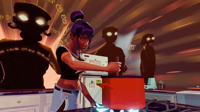 Die Hauptfigur von Thirsty Suitors, Jala, rührt in einer der fantastischen Kochsequenzen des Spiels in einem Topf.