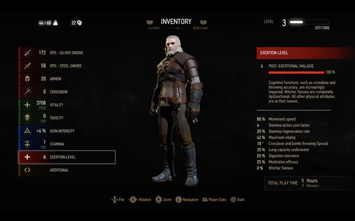 Ein Bild des langen COVID-Mods von Stellar7Project für The Witcher 3: Wild Hunt, das die Auswirkungen des Unwohlseins nach einer Anstrengung auf Geralt im Charakterbildschirm zeigt.