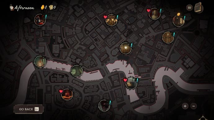 Screenshot von Mask of the Rose, der eine Weltkarte zeigt, auf der mehrere Ziele mit aktiven Quests markiert sind.