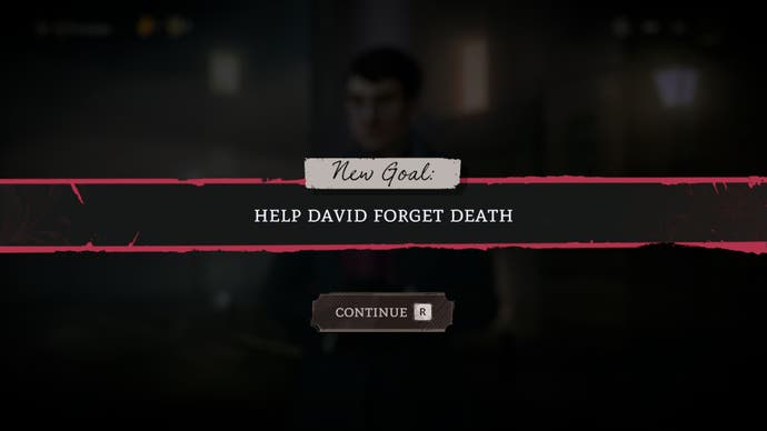 Screenshot von Mask of the Rose, der ein Popup mit der Aufschrift „Neues Ziel: Hilf David, den Tod zu vergessen“ zeigt.