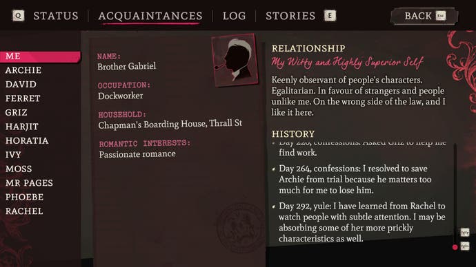 Screenshot von Mask of the Rose, der ein Charaktertagebuch zeigt, das die Persönlichkeit des PCs und bemerkenswerte Ereignisse beschreibt