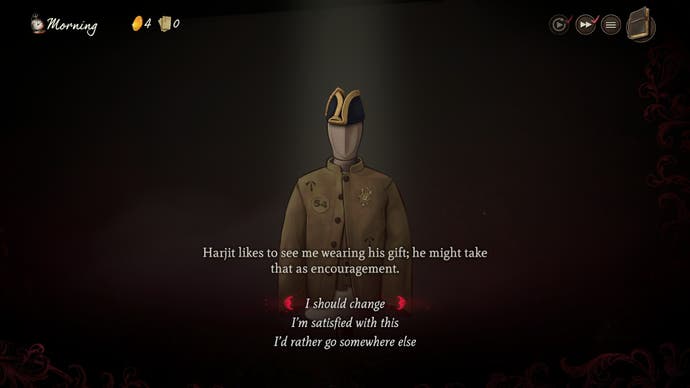 Screenshot von Mask of the Rose, der eine Schaufensterpuppe in Hemd und Admiralshut zeigt und die Möglichkeit bietet, das Outfit zu wechseln, bevor man jemanden trifft