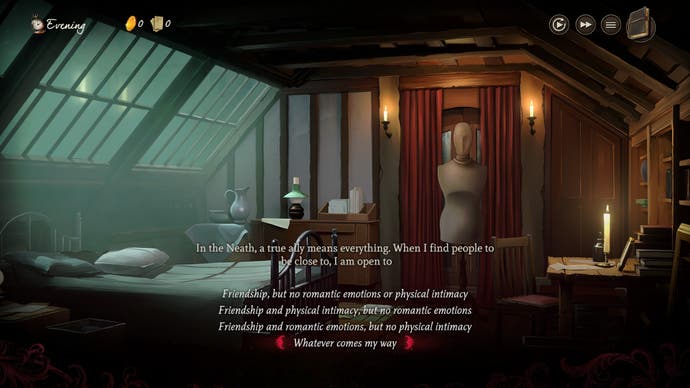 Screenshot von Mask of the Rose, der die Optionen zur Charaktererstellung zeigt, bei denen der Spieler zwischen körperlicher Intimität, romantischen Emotionen, beidem oder keinem von beidem wählen kann