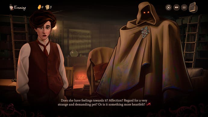 Screenshot von Mask of the Rose, der Griz und Mr. Pages zeigt, wo der Spieler im internen Monolog darüber nachdenkt, ob Griz sich um ihn kümmert