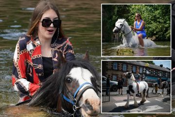 Glamouröse Reisende waschen Pferde im Fluss, während Europas größter Zigeunermarkt beginnt