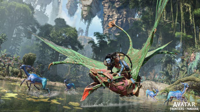 Ein Bild von Na'vi-Kriegern, die auf fliegenden Kreaturen reiten, in Avatar: Frontiers of Pandora von Ubisoft Massive, einer Adaption des James Cameron-Films.
