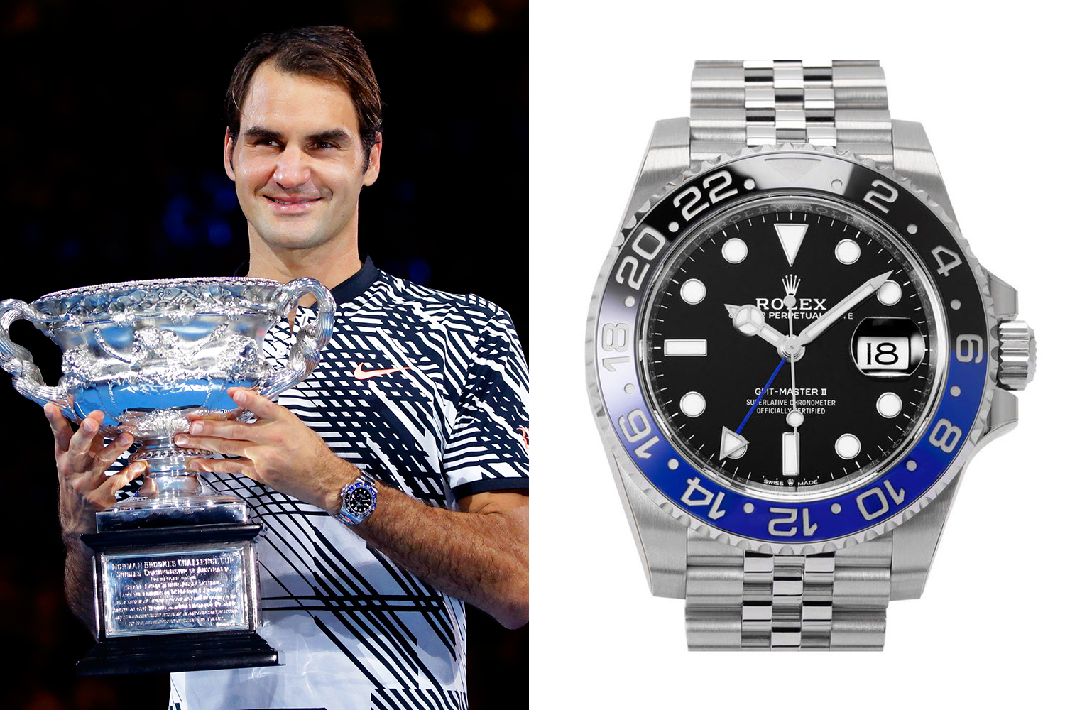   Federer trägt den GMT-Master II, der etwa 11.000 £ kostet